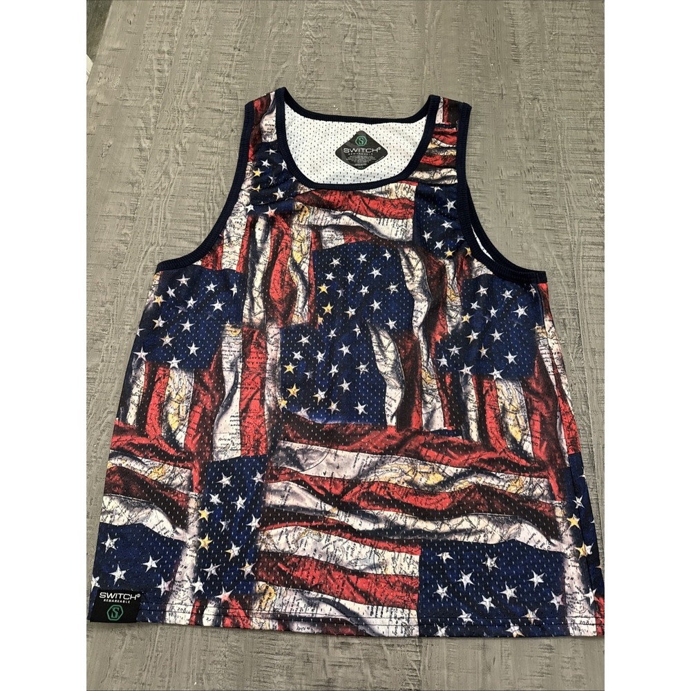 Switch Remarkable Mens XL American Flag Mesh Tank Top Patriotic‎ Print Red Blue